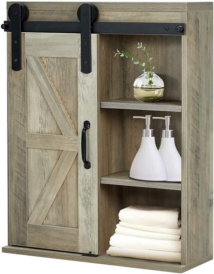 Wood Wall Storage Cabinet with Sliding Barn Door, 3-Tier Organizer Bathroom Cabinet with Adjustable Shelf Freestanding Furniture I75859