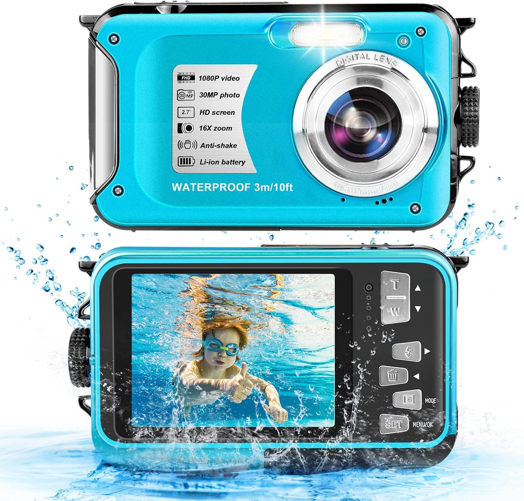 Blue Waterproof Digital Camera 30MP 16X Zoom V841524