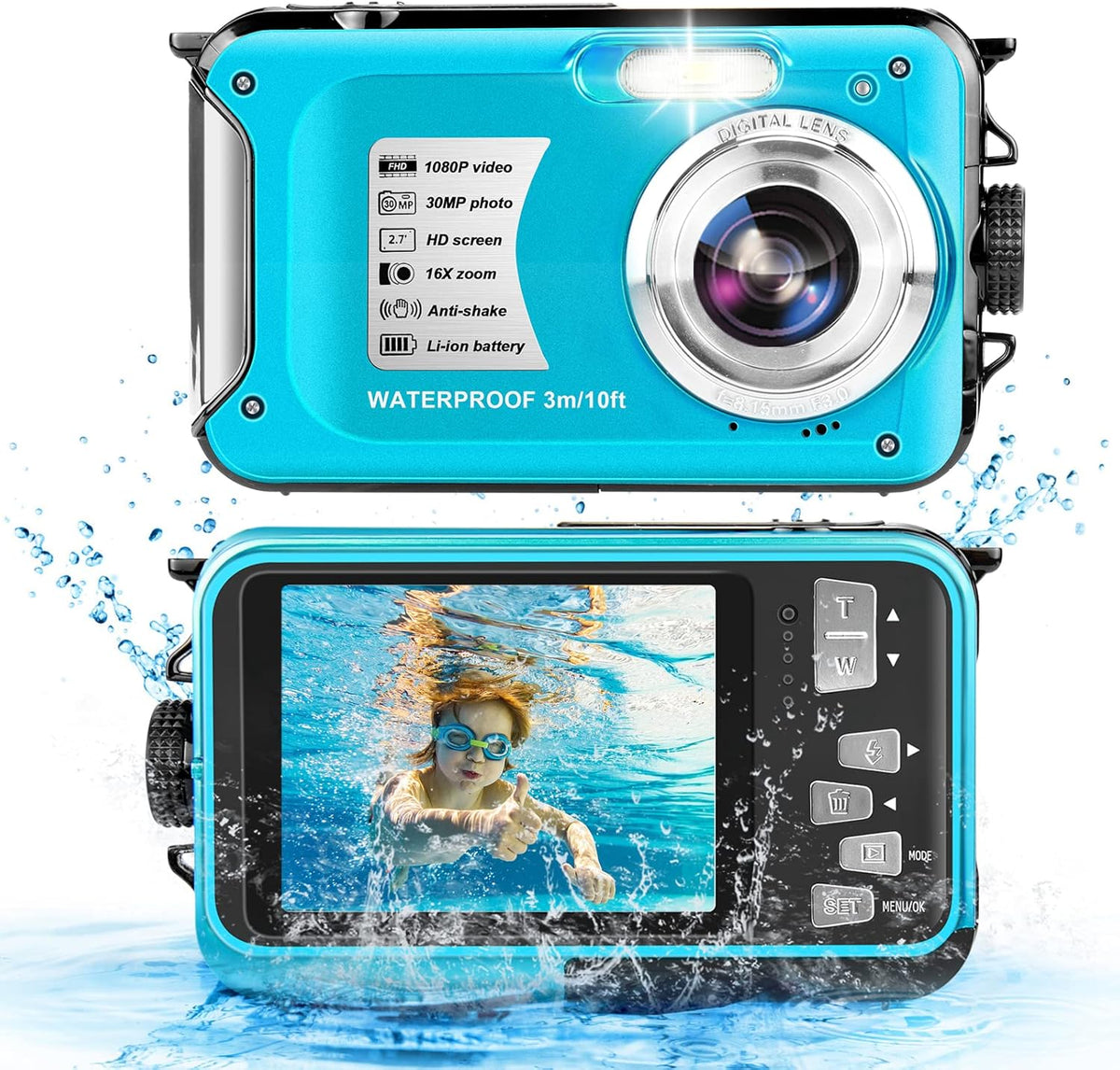 Blue Waterproof Digital Camera 30MP 16X Zoom V841524