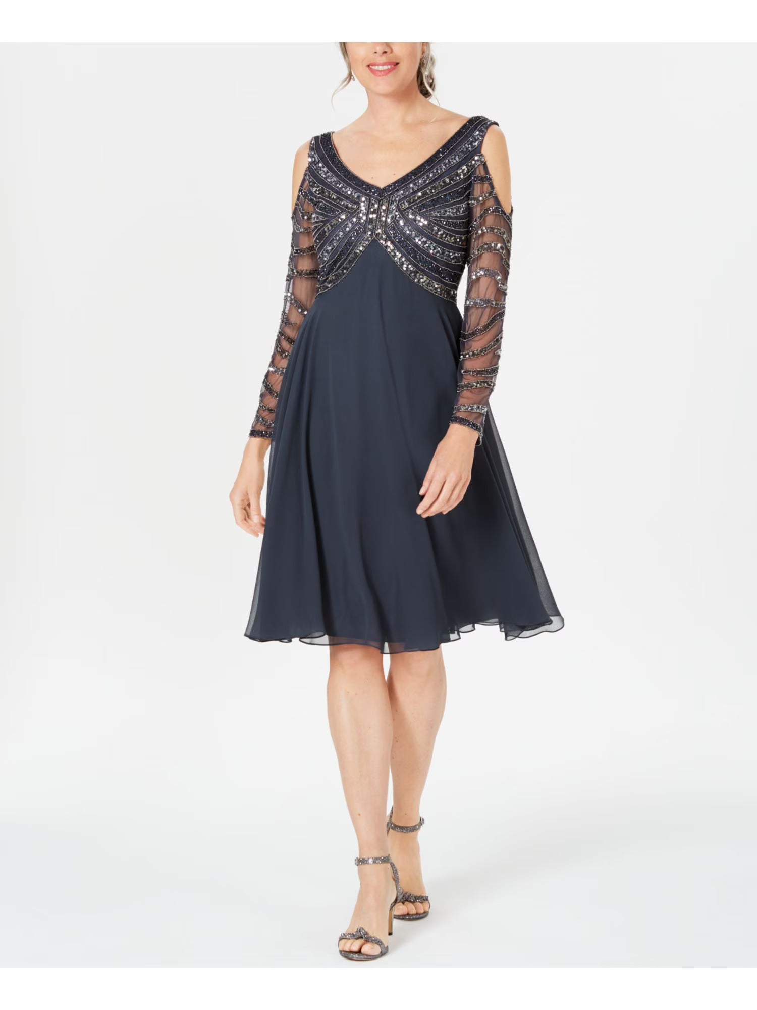 Gray Sequined Long Sleeve V Neck Knee Length Fit + Flare Dress 12 M7169