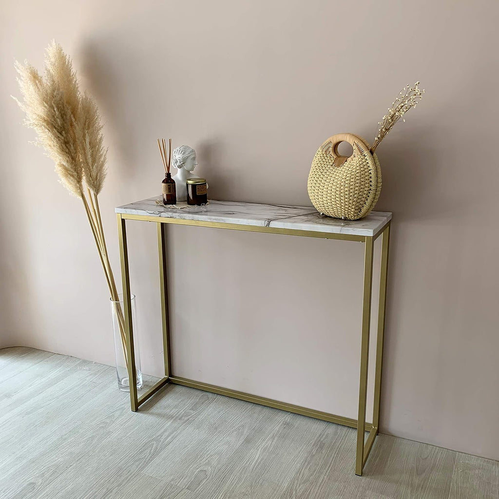 Faux Marble Console Table with Gold Metal Frame X1340