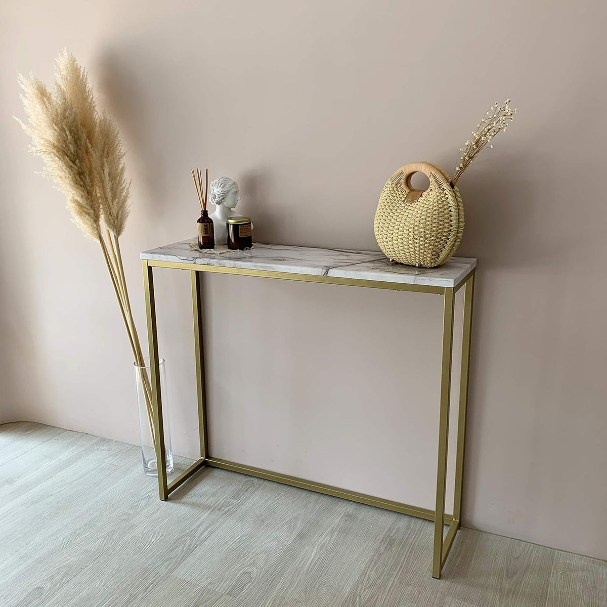 Faux Marble Console Table with Gold Metal Frame X1340