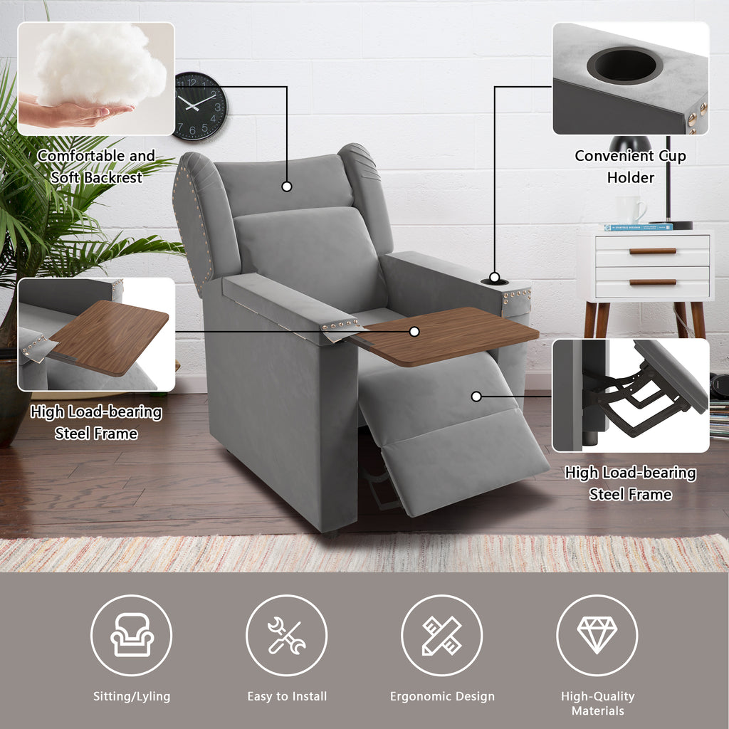 Gray Velvet Recliner Chair with Cup Holder and Table L23294
