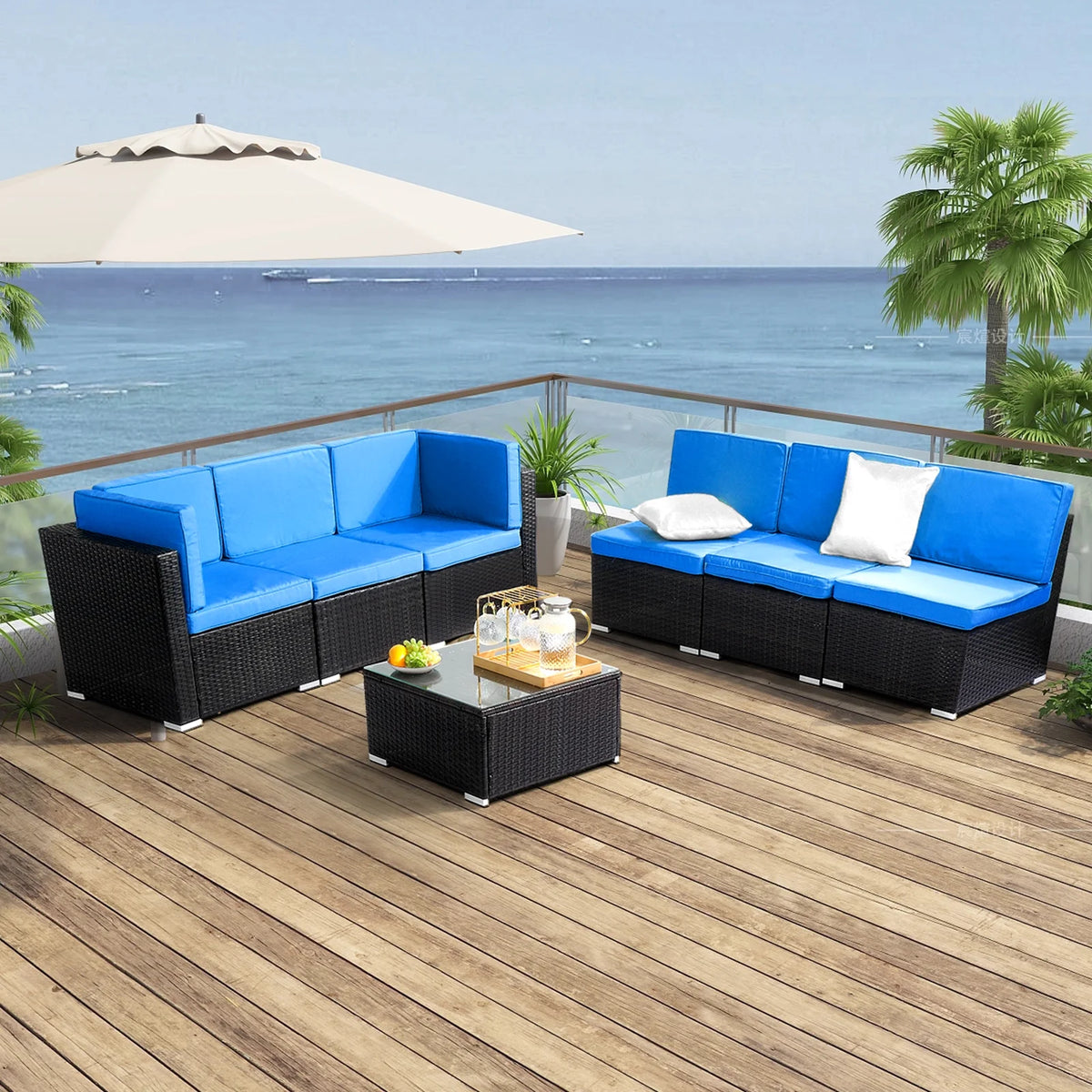 Blue and Black PE Rattan Patio Sectional Set with Table E66707