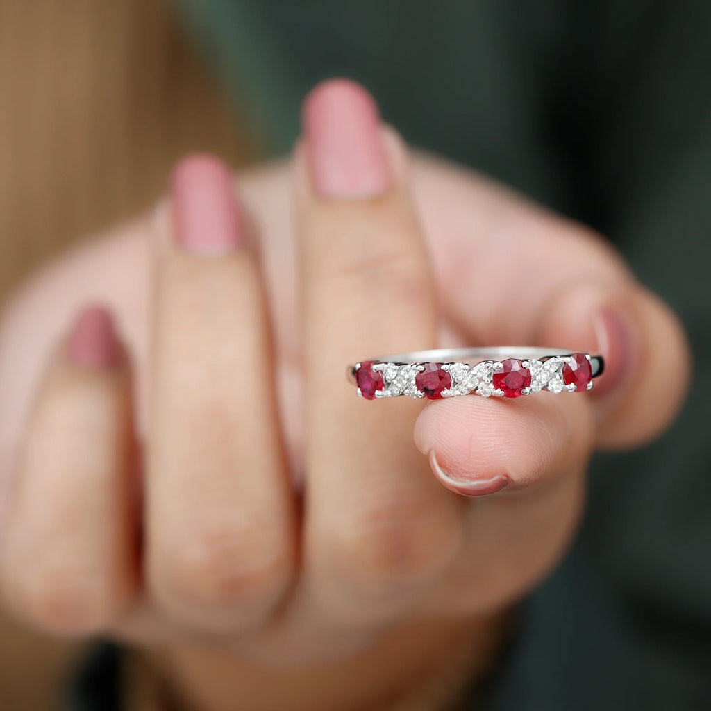 18K White Gold Ruby Half Eternity Ring with Diamond Y584405