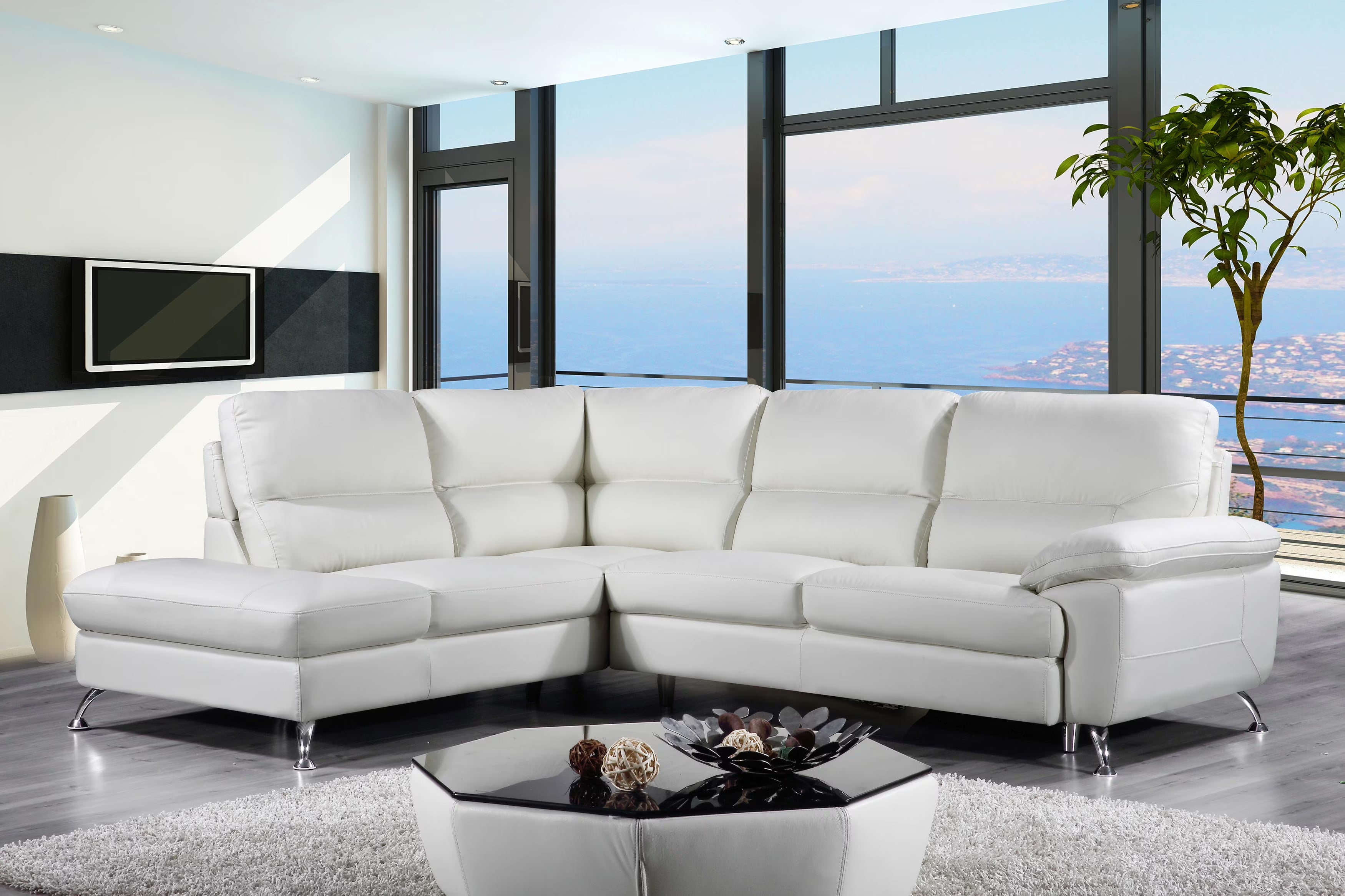 Off White Leather Sectional Sofa with Left Facing Chaise Lounge A386