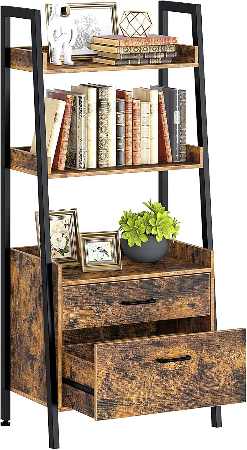 Rustic Brown 4 Tier Ladder Shelf with 2 Drawers H311132