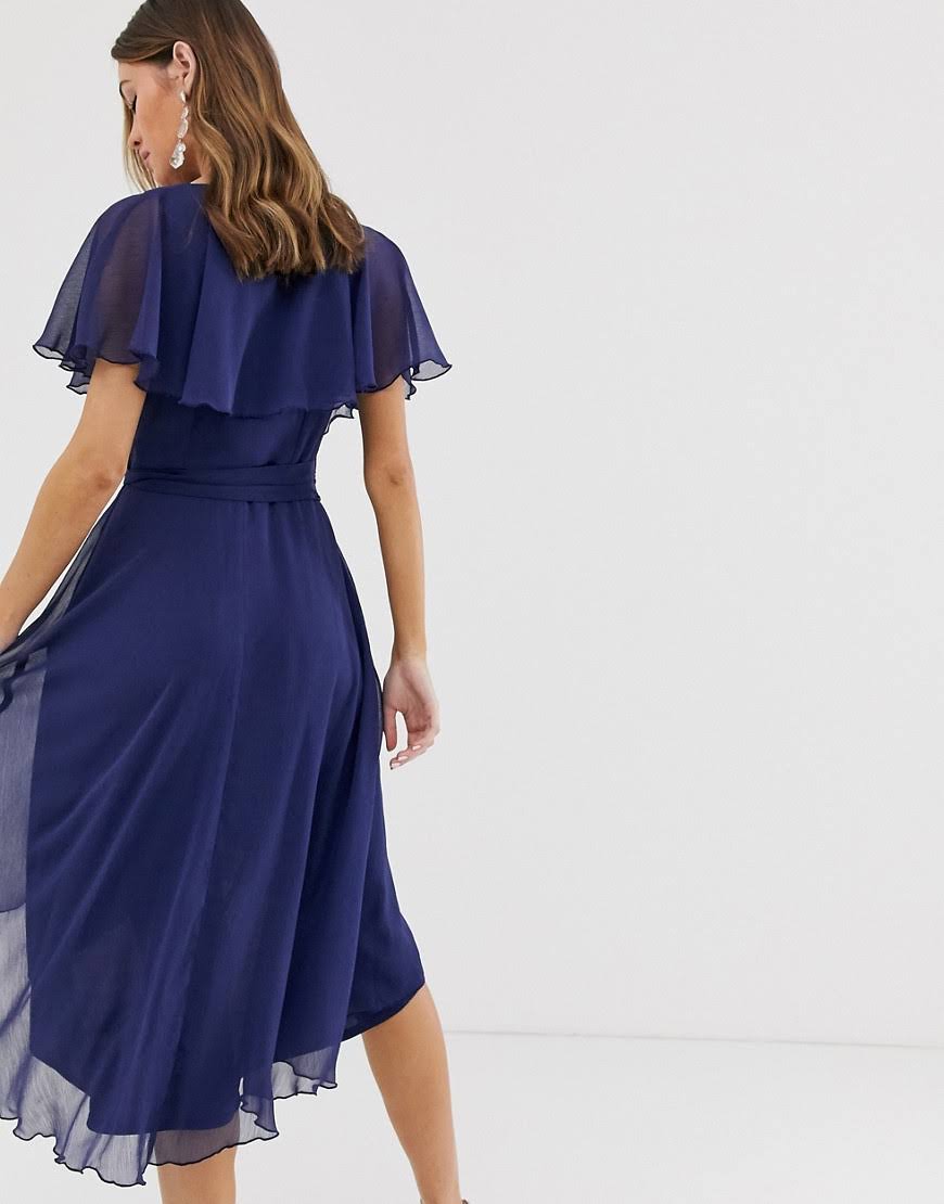 Navy-Blue Cape Back Dipped Hem Midi Dress O7367