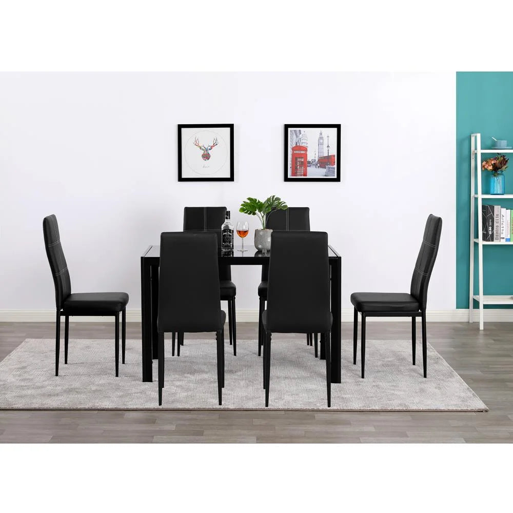 7 Pcs Glass Dining Table Set with 6 Chairs, Black R538090
