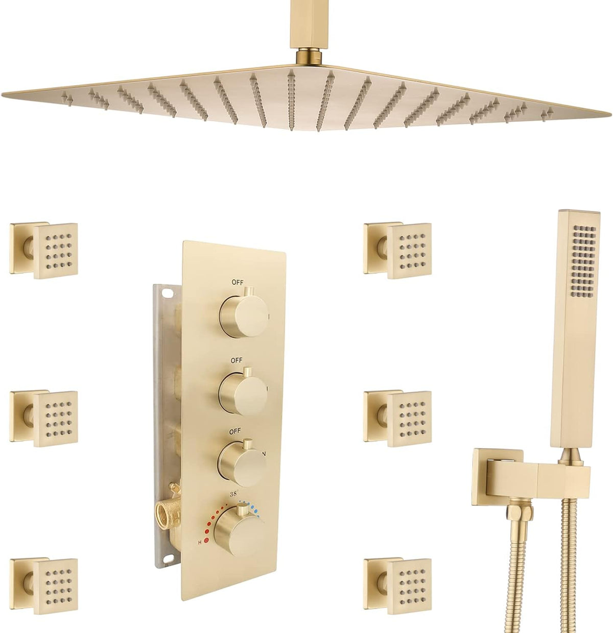 Brushed Nickel 16inch Rainfall Shower System with Body Jets Thermostatic Mixer Shower Faucet Set V6702