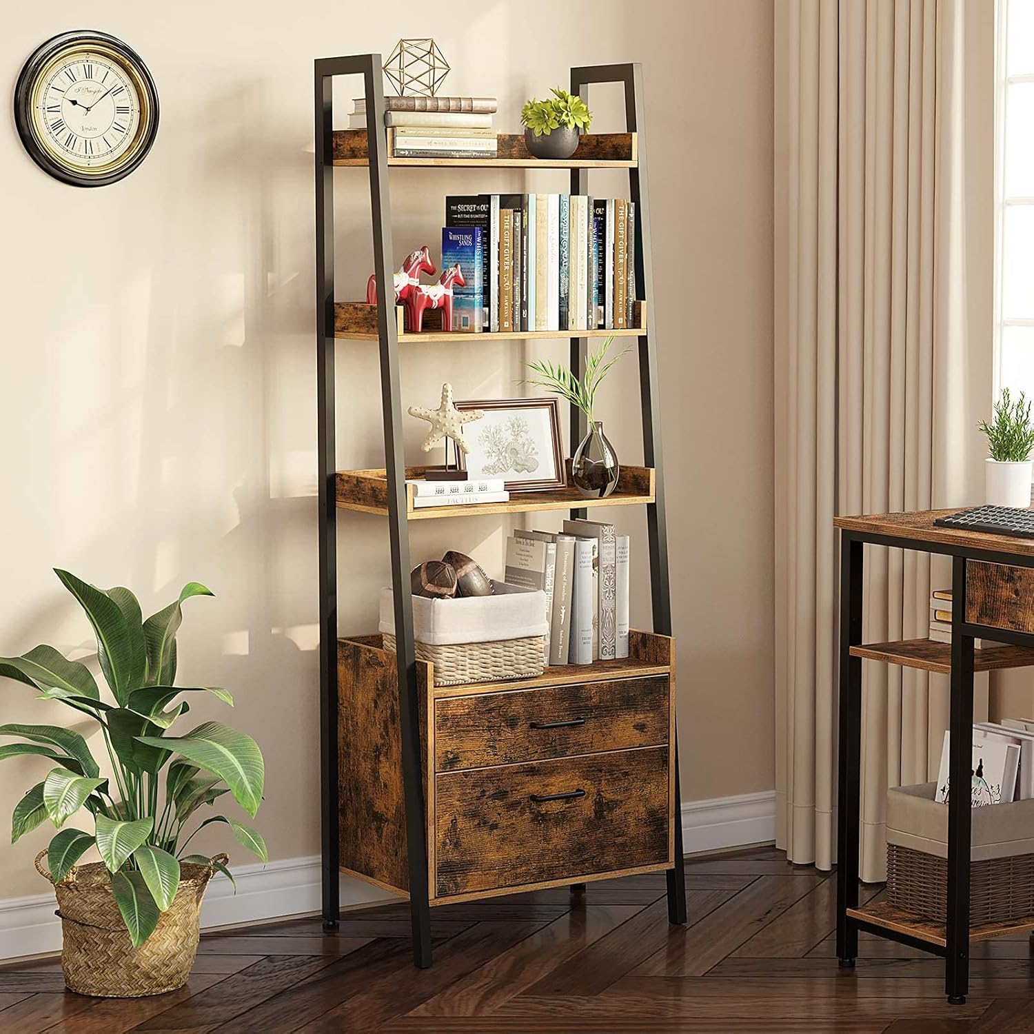 Rustic Brown 4 Tier Ladder Shelf with 2 Drawers H311132