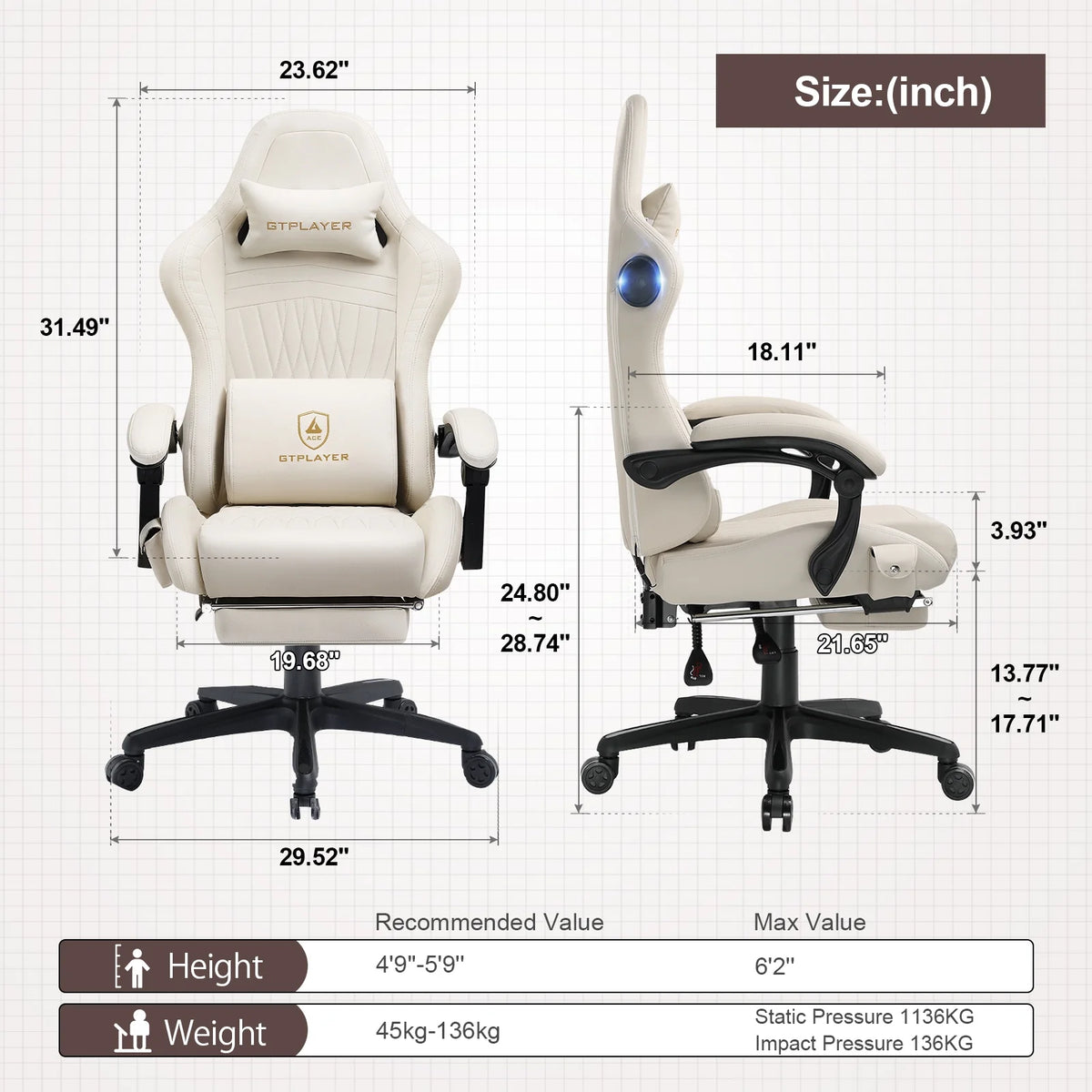 Ivory PVC Leather Gaming Chair with Footrest E600