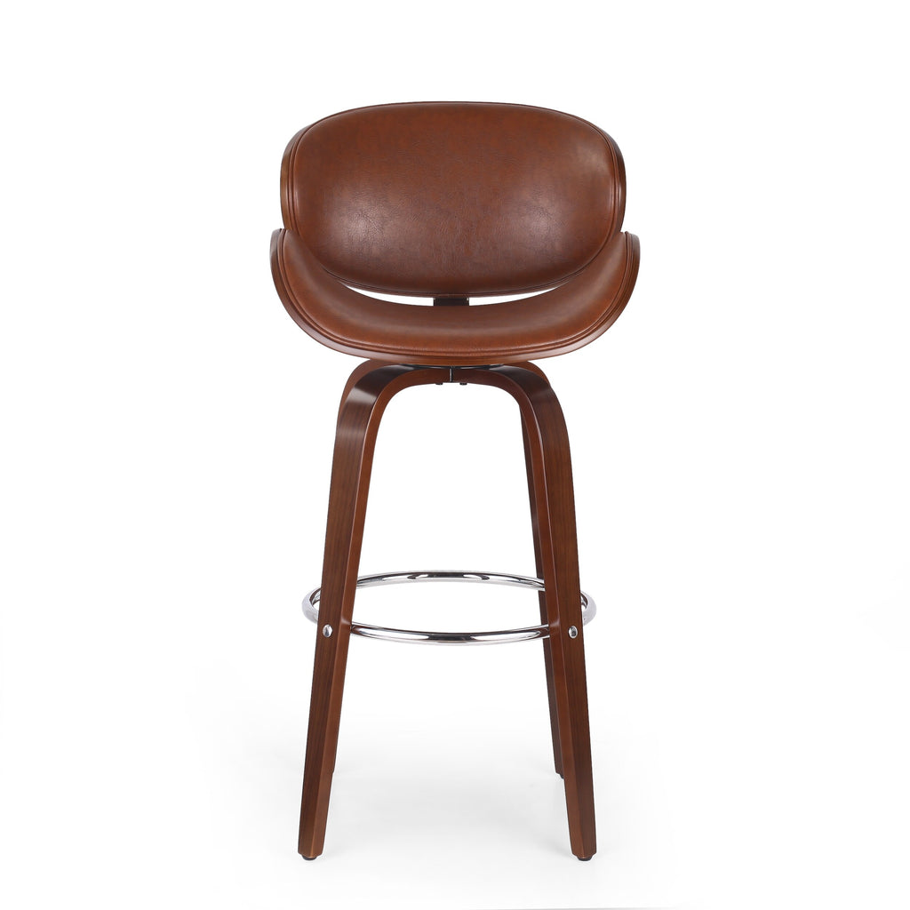 Walnut + Cognac Upholstered Swivel Barstool A253