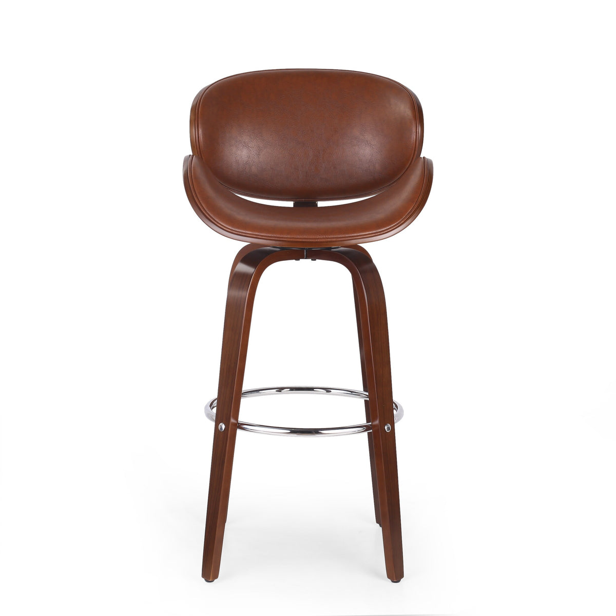 Walnut + Cognac Upholstered Swivel Barstool A253