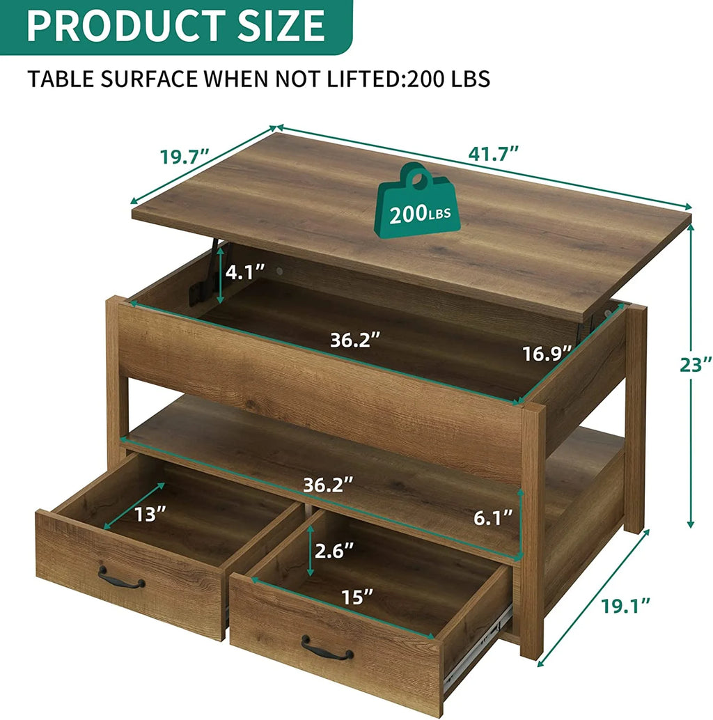 Rustic Brown Wood Lift Top Coffee Table with 2 Storage Drawers F8575