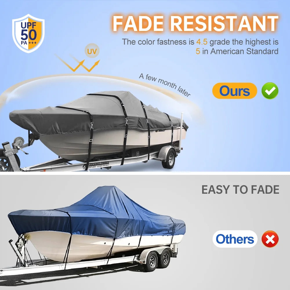 Trailerable Waterproof Heavy Duty Boat Cover for V-Hull, Tri-Hull, Runabout, 16'-18.5' Long, Gray X1673