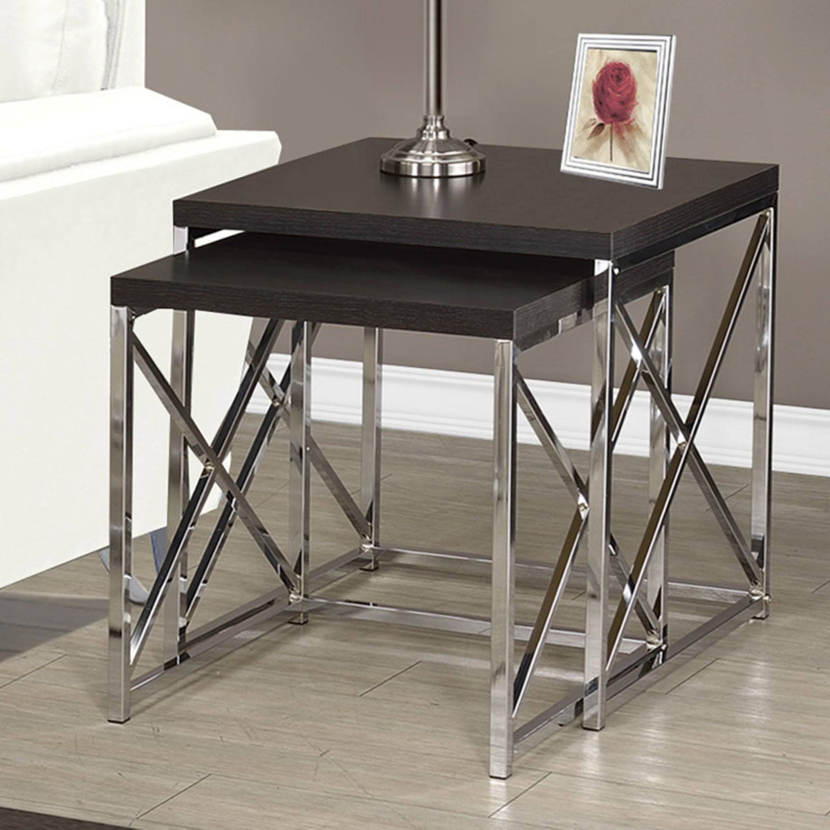 Nesting Table 2pcs Set Cappuccino Chrome Metal U957