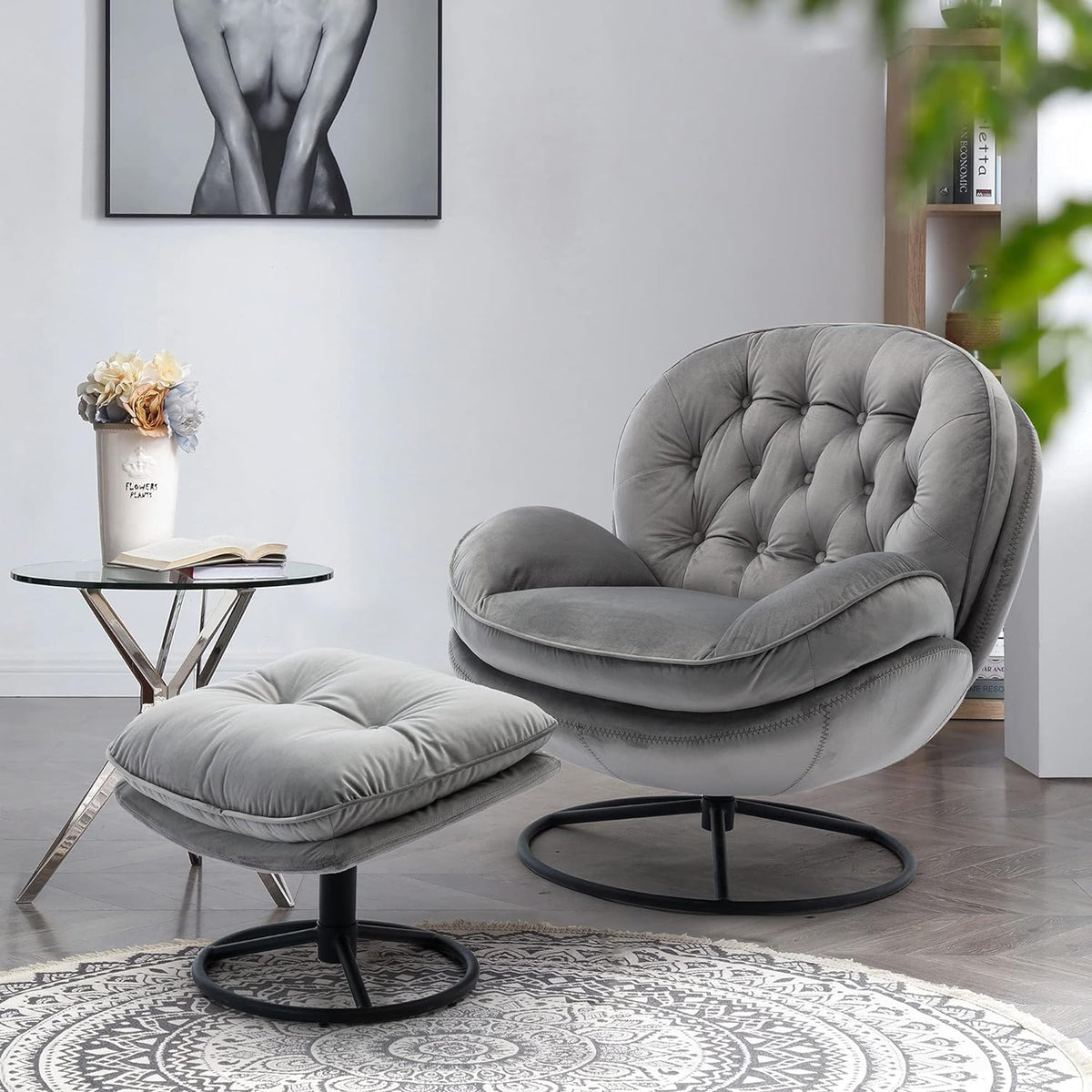 Grey Velvet Swivel Accent Chair with Ottoman and Metal Frame H972051